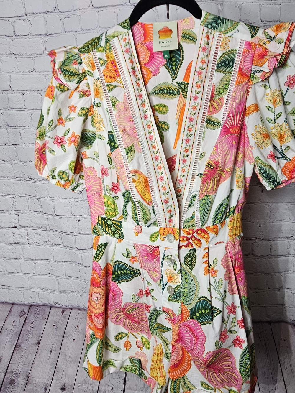 FARM Rio Macaw Bloom Cotton Romper Pink, Orange & White  XS